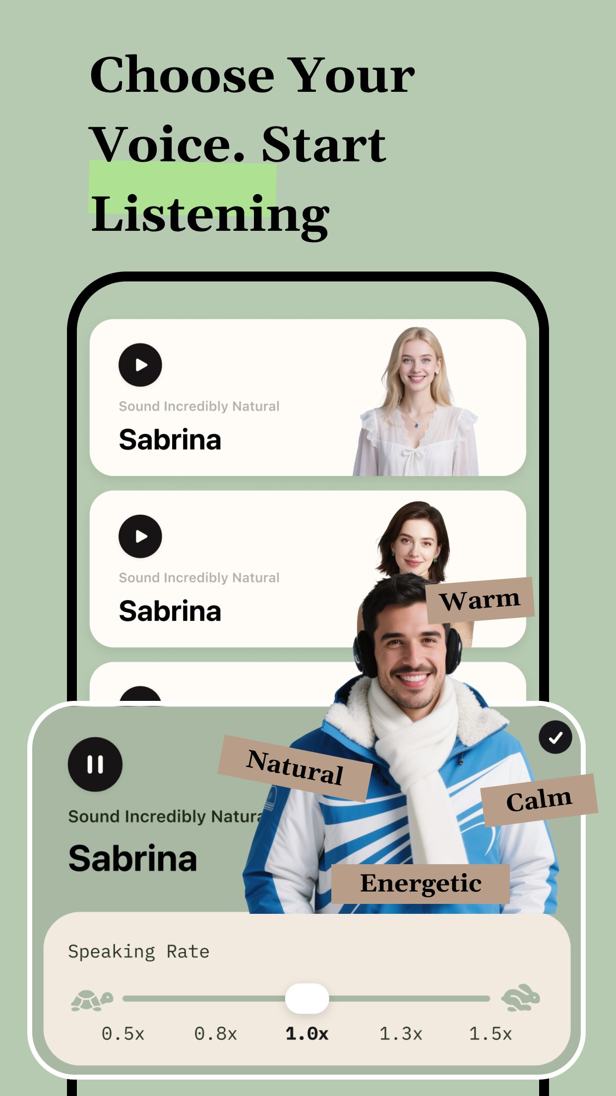 ListenX voice selection screen